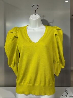 DKNY, Puff Sleeve Knit Sweater, Bright Yellow, V-Neck Rayon Blend Top, Medium